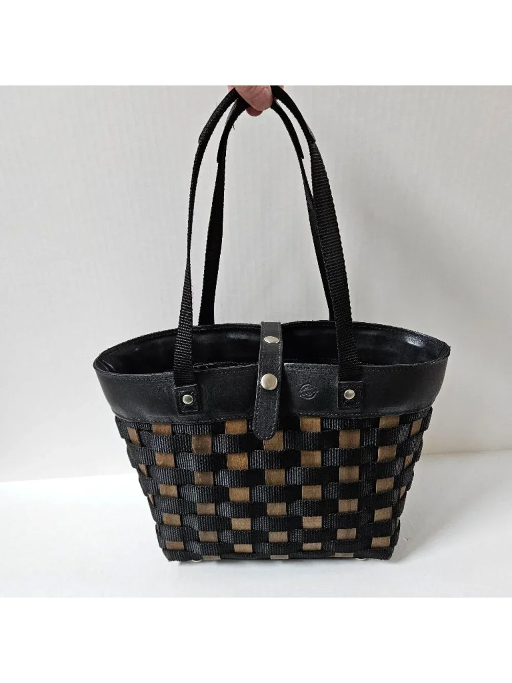 Longaberger To Go Small Shopping Tote Basket Black Woven Nylon Leather Purse Bag